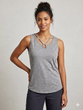 Gray V-Neck Tank Top Size L - Metal Ring Detail Casual Chic